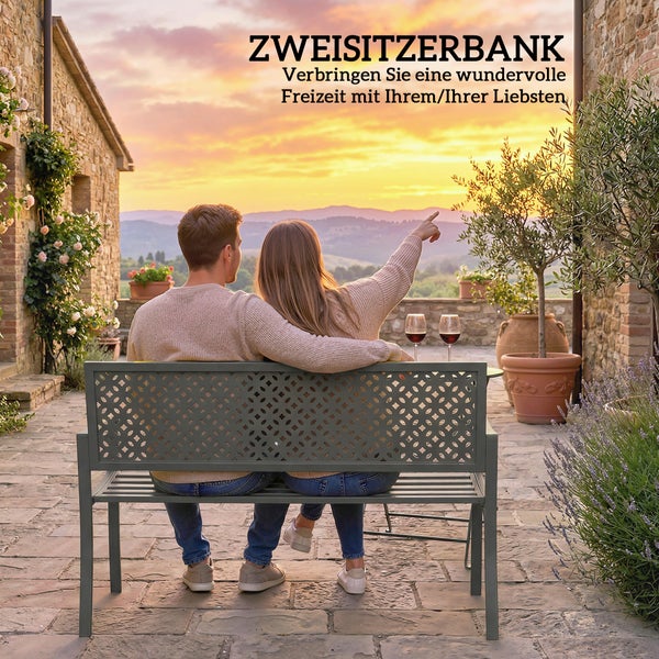Gartenbank aus Metall mit 4-teiligem Aufbau bestehend aus zwei Seitenteilen, einer Sitzfläche und einer Rückenlehne.