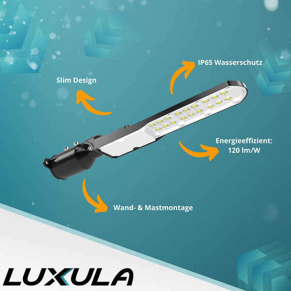 Schlanke LED-Straßenleuchte für Wand- und Mastmontage mit IP65 Wasserschutz und 120 lm/W Energieeffizienz