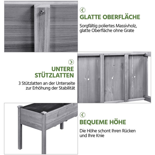 Detailansichten eines Hochbeets aus Holz, die die glatte Oberfläche, die Stützlatten an der Unterseite und die bequeme Höhe hervorheben.