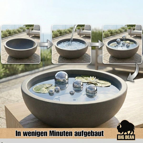 Rundes Wasserspiel aus Steinoptik mit Metallkugeln und Seerosen, Aufbauanleitung in drei Schritten, Marke Big Dean Logo.
