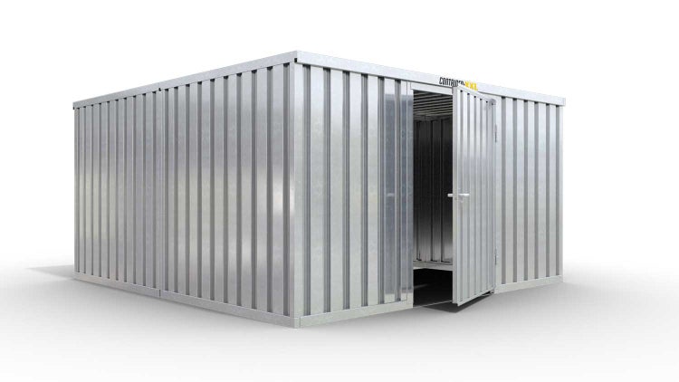 Lagercontainer Gerätehaus XL2  – 21 qm, H2115 x B5080 x T4340 mm, verzinkt, ohne Fußboden, 1270 mm Einflügeltür mittig in Breitseite, zerlegt