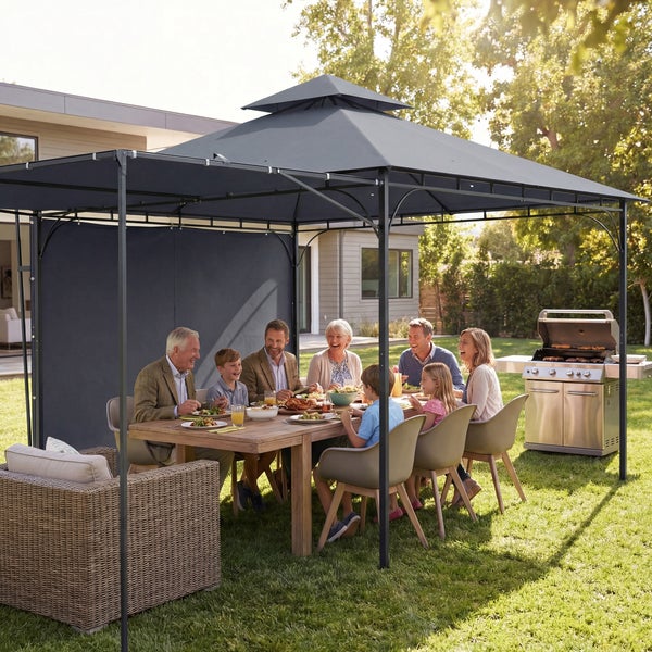 Mehrköpfige Familie beim Essen unter einem dunklen Gartenpavillon mit Seitenteil, Holztisch und Gasgrill auf einer gepflegten Rasenfläche.