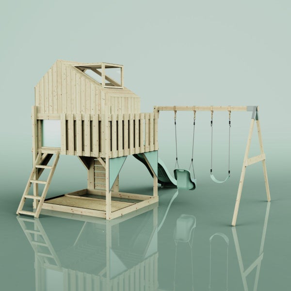 Holzspielhaus mit Rutsche und Schaukel