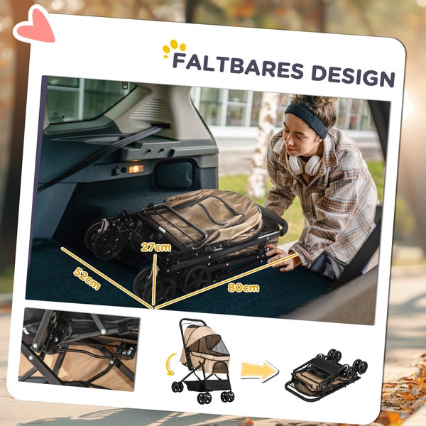 PawHut Hundebuggy Hundewagen Buggy für kleine Hunde und Katzen Haustierwagen Pet Stroller Katzenbuggy Oxford Braun 76,5 x 52 x 95 cm