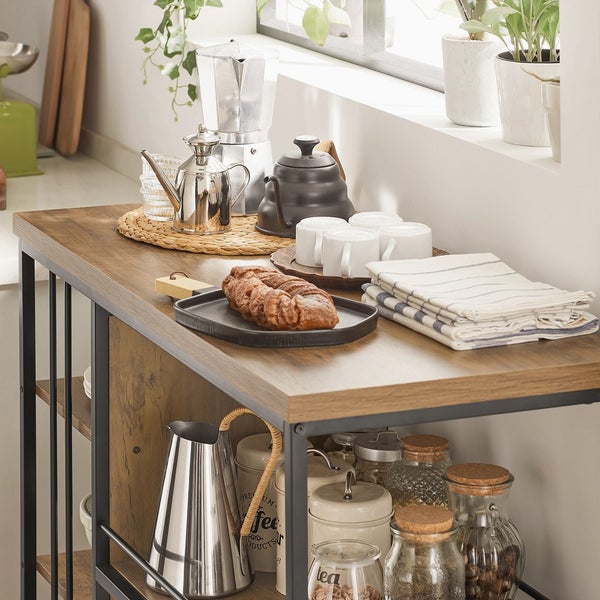 Küchenwagen mit Geschirr, Kaffeekanne, Tassen und Lebensmitteln