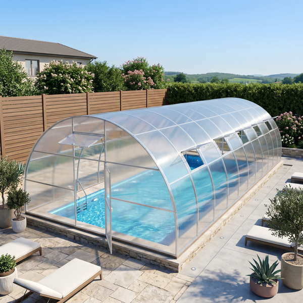 Große, gewölbte Poolüberdachung aus Polycarbonat in einem gepflegten Garten mit Liegestühlen und Terrasse.