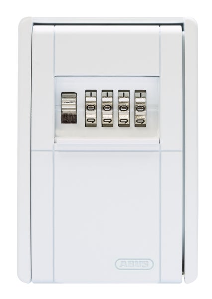 Weißer ABUS Schlüsseltresor mit vierstelligem Zahlenschloss, Schiebeabdeckung und ABUS Logo.