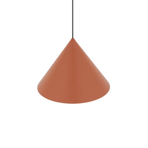 Pendelleuchte mit konischem Schirm in Terrakotta und schwarzem Kabel.
