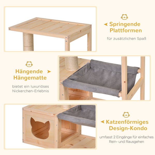 Detailansichten eines Katzenkratzbaums mit Hängematte, Plattformen und Katzenhaus