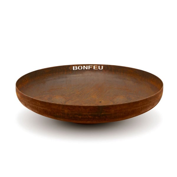 Runde Feuerschale BonFeu aus Cortenstahl mit BonFeu Logo.