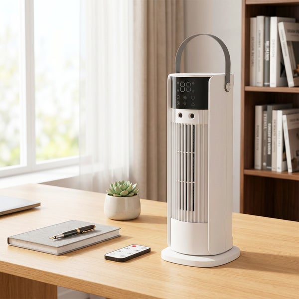 Mobiler Turmventilator mit Tragegriff, digitaler Anzeige und Fernbedienung auf einem Schreibtisch in einem hellen, organisierten Zimmer.