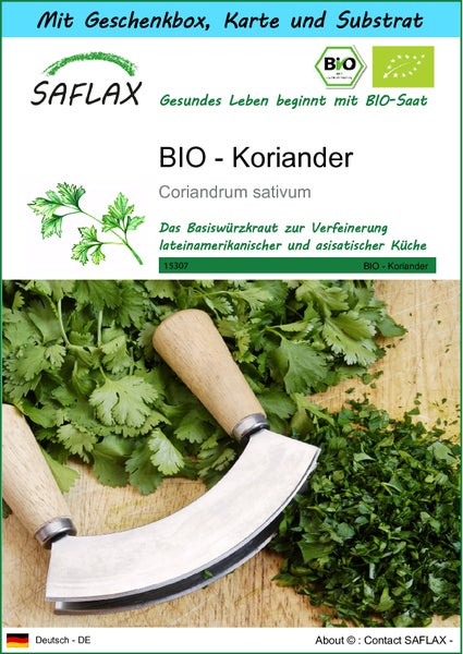 SAFLAX Geschenk Set - BIO - Koriander - Coriandrum sativum - 150 Samen - Mit Geschenkbox, Versandaufkleber, Geschenkkarte und Anzuchtsubstrat