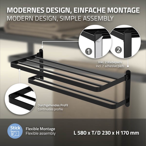 ML-Design Handtuchhalter ohne Bohren, 58 cm Handtuchstange selbstklebend, Schwarz, Aluminium, Handtuchregal zur Wandmontage für Badezimmer, 90°Klappbar, Doppelte Handtuchablage, Badetuchhalter faltbar