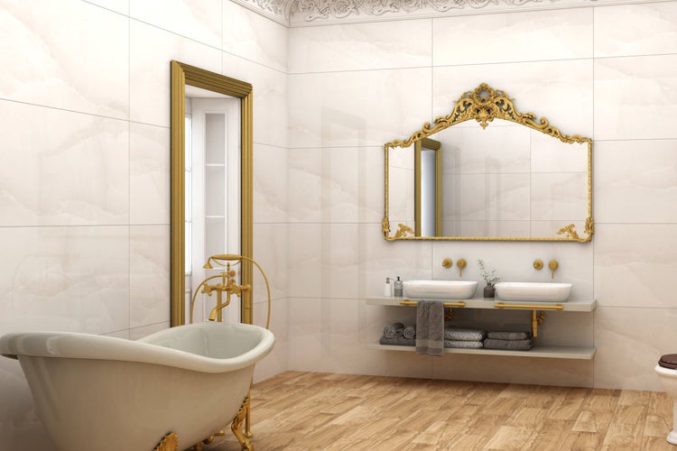 Elegantes Badezimmer mit Badewanne, Waschtisch und Spiegel