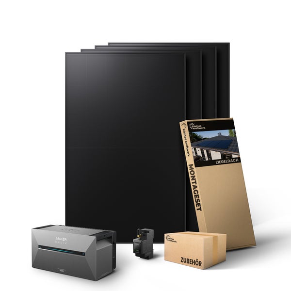 Balkonkraftwerk Set mit vier Solarmodulen, Anker Solix Speicher, Montageset für Ziegeldächer und Zubehörbox.