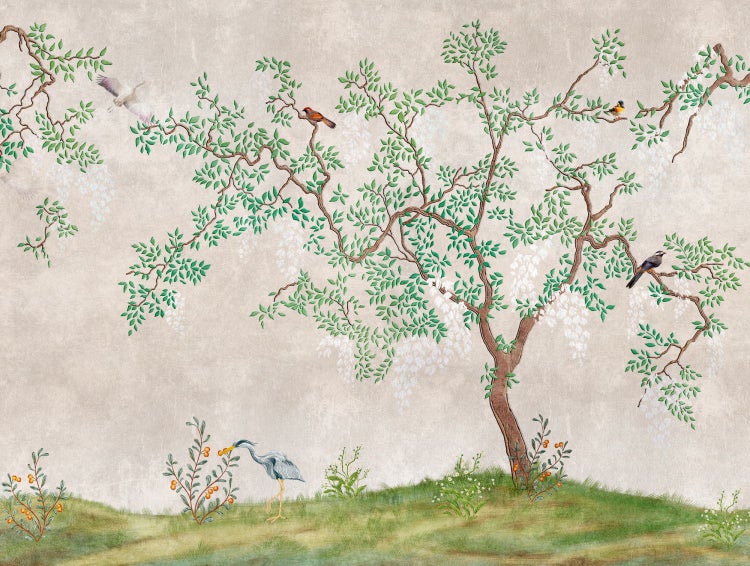 Dekorative Tapete mit Baum-, Vogel- und Blumenmuster für die Wandgestaltung