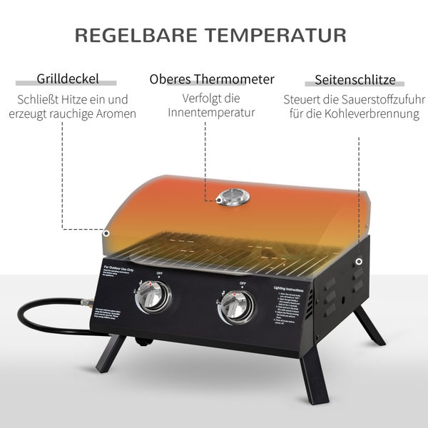 Outsunny Gasgrill, Tischgrill, mit Druckminderer und Schlauch, 55 x 46,5 x 41 cm, Edelstahl, Schwarz