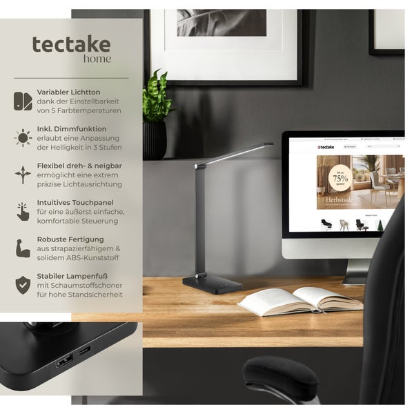 tectake Novaly Schreibtischlampe Novaly, LED, dimmbar, klappbar, 5W inklusive USB-Anschluss schwarz