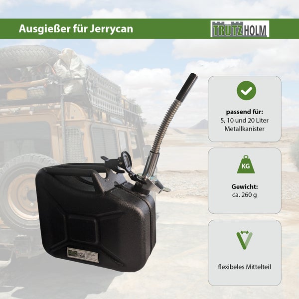 Ausgießer für Jerrycan Kraftstoffkanister passend für 5, 10 und 20 Liter Metallkanister mit flexiblem Mittelteil und Trutzholm Logo