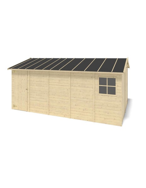 Gerätehaus aus Holz mit Pultdach und Fenster sowie Tür an der Vorderseite als Stauraum für den Garten.