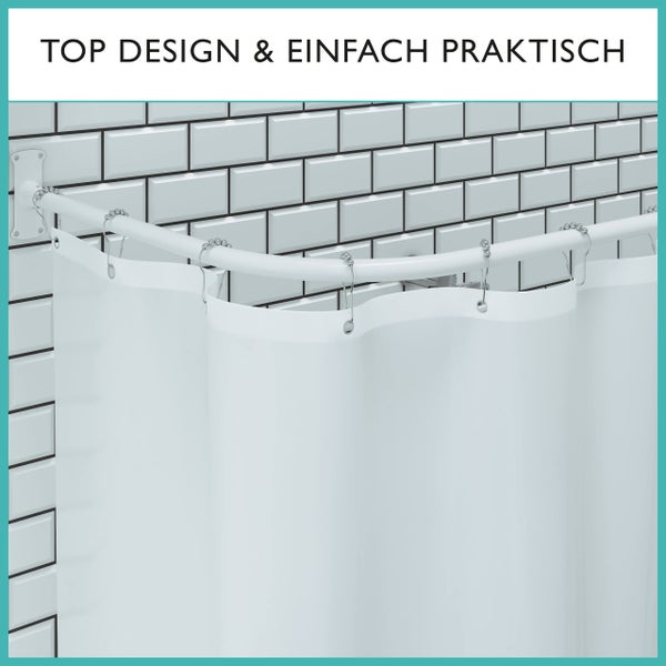 Duschvorhangstange L Form & Duschstange U Form 4 in 1 System inkl. 12 Ringe - Stabile Winkelstange Duschvorhang ohne Deckenhalterung - Duschstange Ecke Rostfrei - Duschvorhangstange Badewanne & Dusche