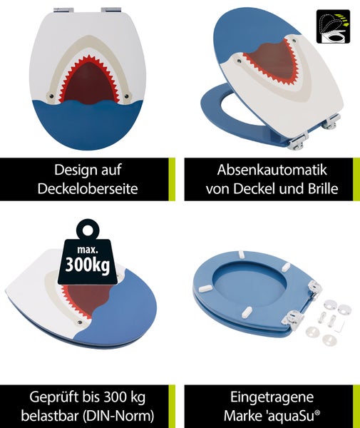 aquaSu® WC-Sitz mit Absenkautomatik | Tier-Motiv Hai | Toilettensitz mit Holz-Kern | Top-Fix | Standard O-Form universal | Scharnierabstand variabel | Motiv Toilettendeckel | abnehmbar | 407434