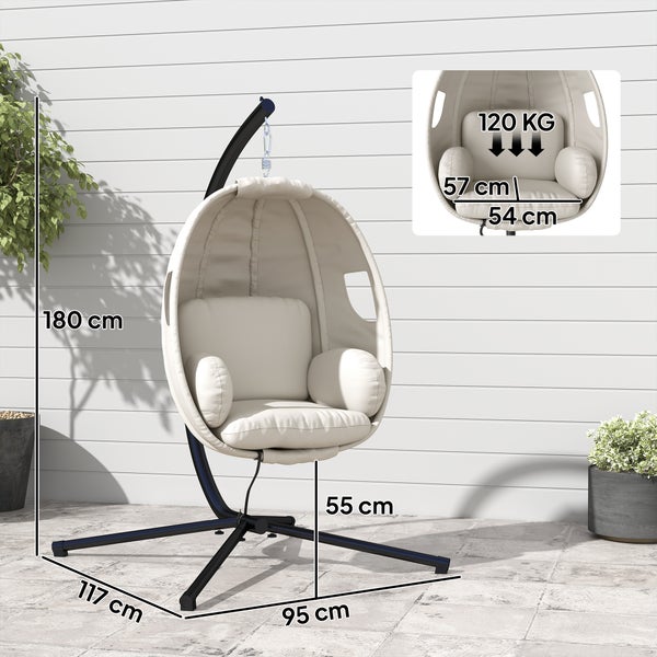 Hängesessel in Eiform mit Metallgestell. Maße: 180 Zentimeter hoch, 95 Zentimeter breit, 117 Zentimeter tief. Sitzhöhe 55 Zentimeter. Belastbar bis 120 Kilogramm.