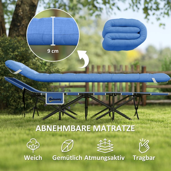 Outsunny Feldbett faltbar Campingbett mit Matratze Kopfkissen Seitentasche 190 x 65 x 37 cm Campingliege für Erwachsene Gästebett bis 150 kg Klappbett für Outdoor, Garten Camping Reisen Blau