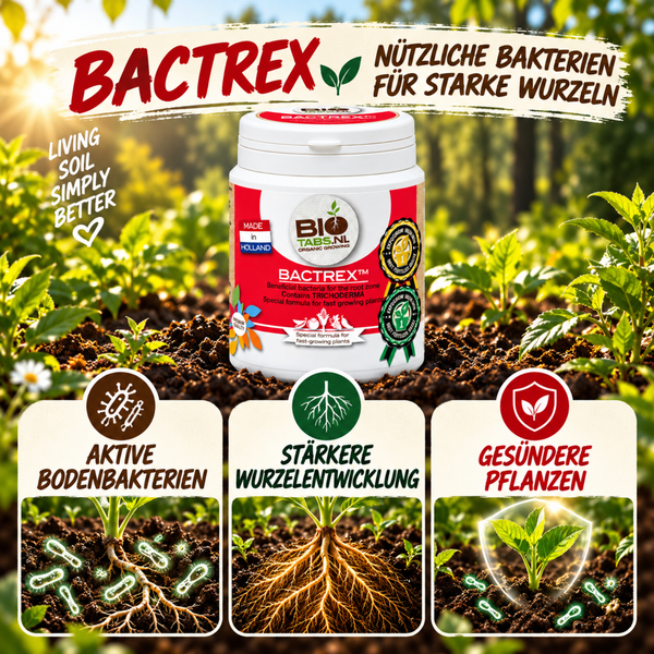 Dose Bactrex Bodenhilfsstoff mit Trichoderma zur Stärkung der Wurzeln und Förderung gesunder Pflanzen in einer Gartenumgebung.