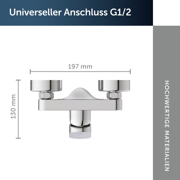 Wandanschlussbogen mit Maßen 197 Millimeter Breite und 130 Millimeter Höhe sowie universellem Anschluss.