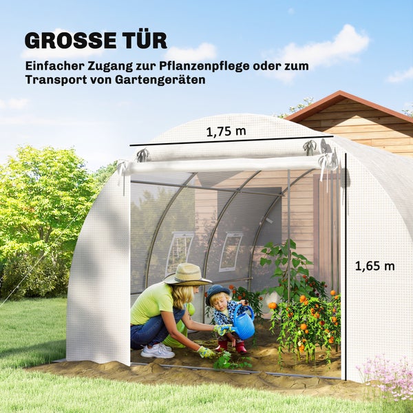 Foliengewächshaus mit großer Tür, 1,75 Meter breit und 1,65 Meter hoch, eine Frau und ein Kind gärtnern im Inneren bei Tomatenpflanzen im Garten.