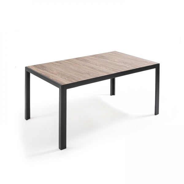 Rechteckiger Tisch mit Tischplatte in Holzoptik und Metallgestell.