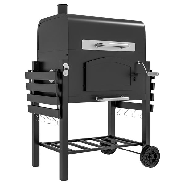 Outsunny Holzkohlegrill, BBQ Gartengrill, mit Smoker Warmhalteplatte Regale, 124 x 66 x 112 cm, Metall, Schwarz