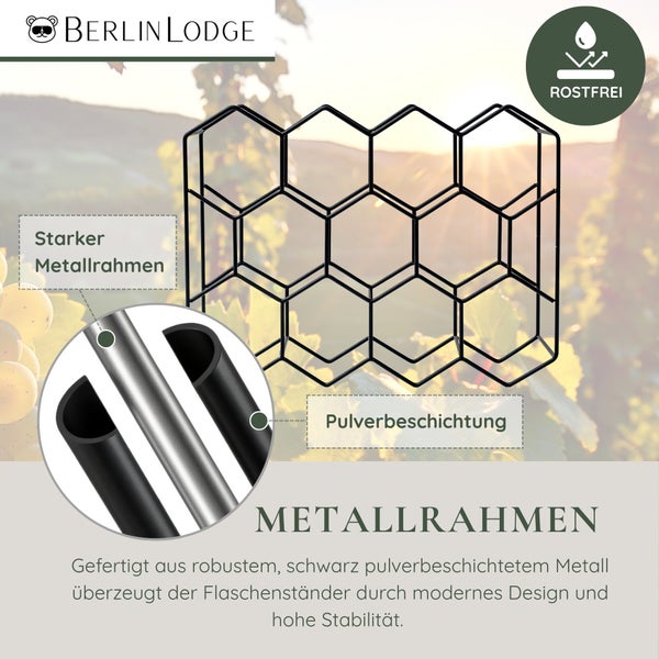 Berlin Lodge Logo. Stabiler Flaschenständer aus pulverbeschichtetem Metall mit Wabenstruktur. Das Material ist rostfrei.