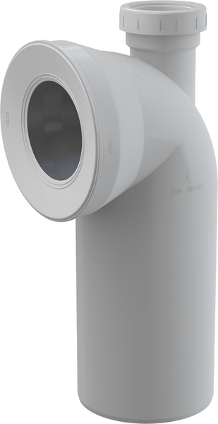 Grauer Toiletten-Anschlussbogen 90 Grad Durchmesser 110 auf 90 aus Kunststoff mit Belüftungsanschluss