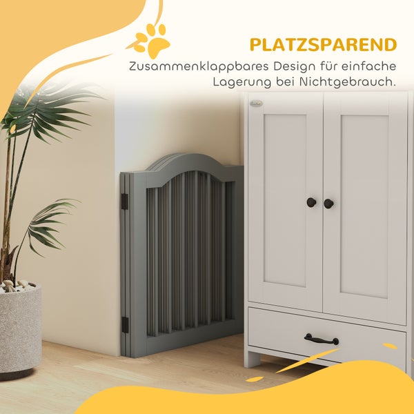 PawHut Absperrgitter Hund 3-teilig, 154,5 x 61 cm Faltbar Hundegitter mit Tür, Türschutzgitter mit 2 Stützfüßen, Freistehend Treppengitter für Küche, Flur, Hellgrau