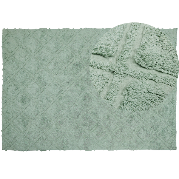 Rechteckige Badematte mit Rautenmuster aus weichem Material und Detailansicht der flauschigen Textur.