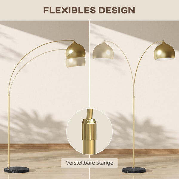 Goldene Bogenlampe mit Marmorfuß, zeigt verstellbare Stange und flexibles Design des Leuchtenarms.