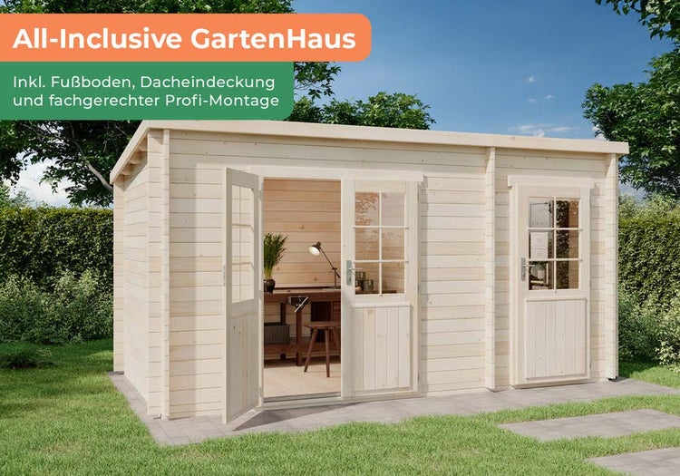 Alpholz Premium Gartenhaus-Set Maria 4,5x2,5m inkl. Boden, Dach & Aufbauservice