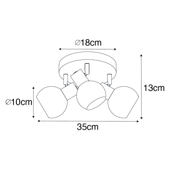 Technische Zeichnung einer Deckenleuchte mit drei Strahlern und den Maßangaben.