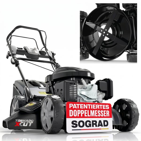 Benzin-Rasenmäher Tornado X-CUT mit patentiertem Doppelmesser Sograd und OHV Motor.