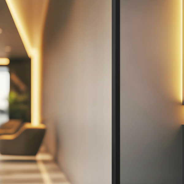 Moderne Wand mit vertikalen LED Lichtstreifen in einem elegant gestalteten Innenraum.