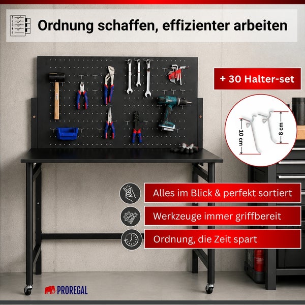 Klappbare Werkbank von Proregal mit Lochwand. Maße: 144 Zentimeter Höhe, 115 Zentimeter Breite, 9 Zentimeter Tiefe (geklappt). Proregal Logo.