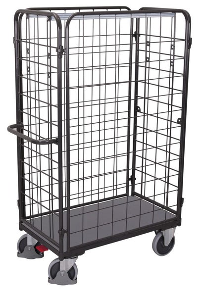 Rollcontainer aus Metall mit Gitterwänden, Schiebebügel und vier Rollen für den Transport.