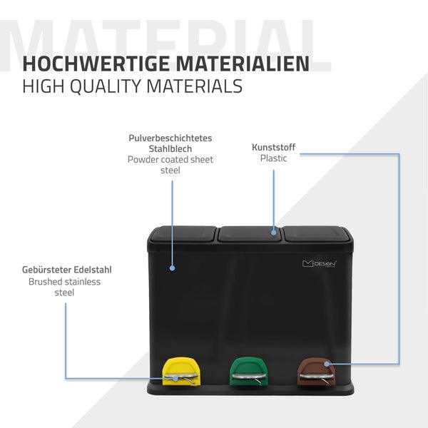 ML-Design Mülleimer Küche 3x 8L (24Liter), Schwarz, Mülltrennsystem 3 Fächer, Treteimer zur Mülltrennung, Abfalleimer aus Stahl mit Inneneimer aus Kunststoff & Klappdeckel, farblicher Kennzeichnung