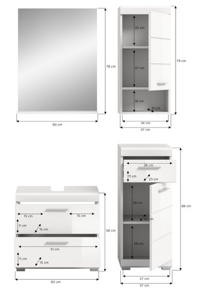 Maßzeichnung Badezimmermöbel-Set mit Spiegel 60 mal 78 Zentimeter, Wandschrank, Waschtischunterschrank 60 mal 56 Zentimeter und Beistellschrank.