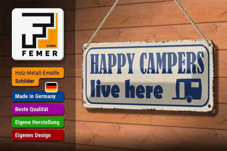 Blechschild Spruch 27x10cm happy campers live here Camping Dekoration