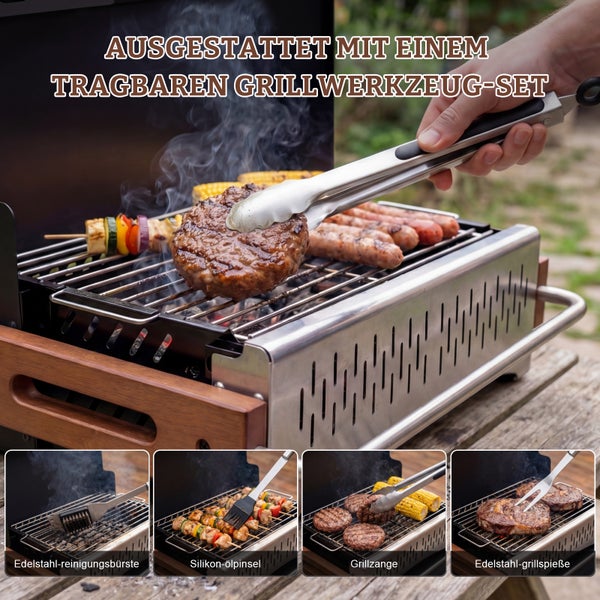 Tragbarer Edelstahl-Holzkohlegrill mit Zubehör-Set bestehend aus Reinigungsbürste, Silikonpinsel, Grillzange und Grillgabel in Verwendung.