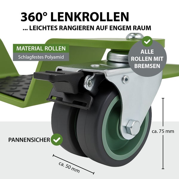 360 Grad Lenkrollen mit Bremsen, Rollenmaterial schlagfestes Polyamid, pannensicher, circa 50 und 75 Millimeter Rollengröße