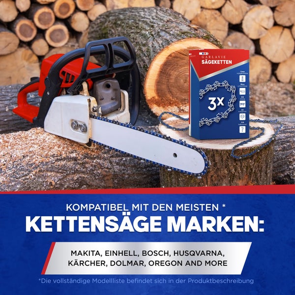 Garlavie Set mit 3 kettensäge kette 35cm 3/8 50 TG 1.1 Treibglieder – Sägeketten 30 cm kompatibel mit vielen Marken - Hochwertige motorsägenkette.